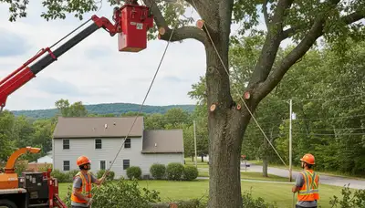 Professional crew performing safe tree removal at Worcester MA home using bucket truck and chainsaws