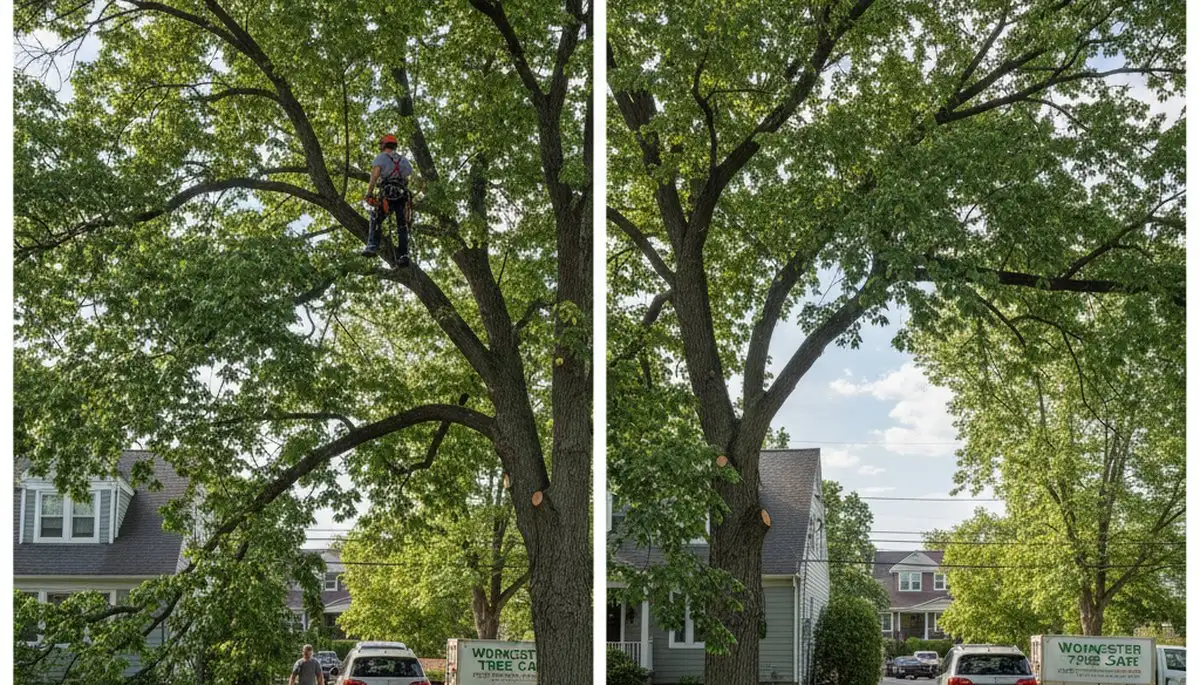 Arborist lifting tree canopy for better clearance in Worcester, MA driveway walkway trimming service