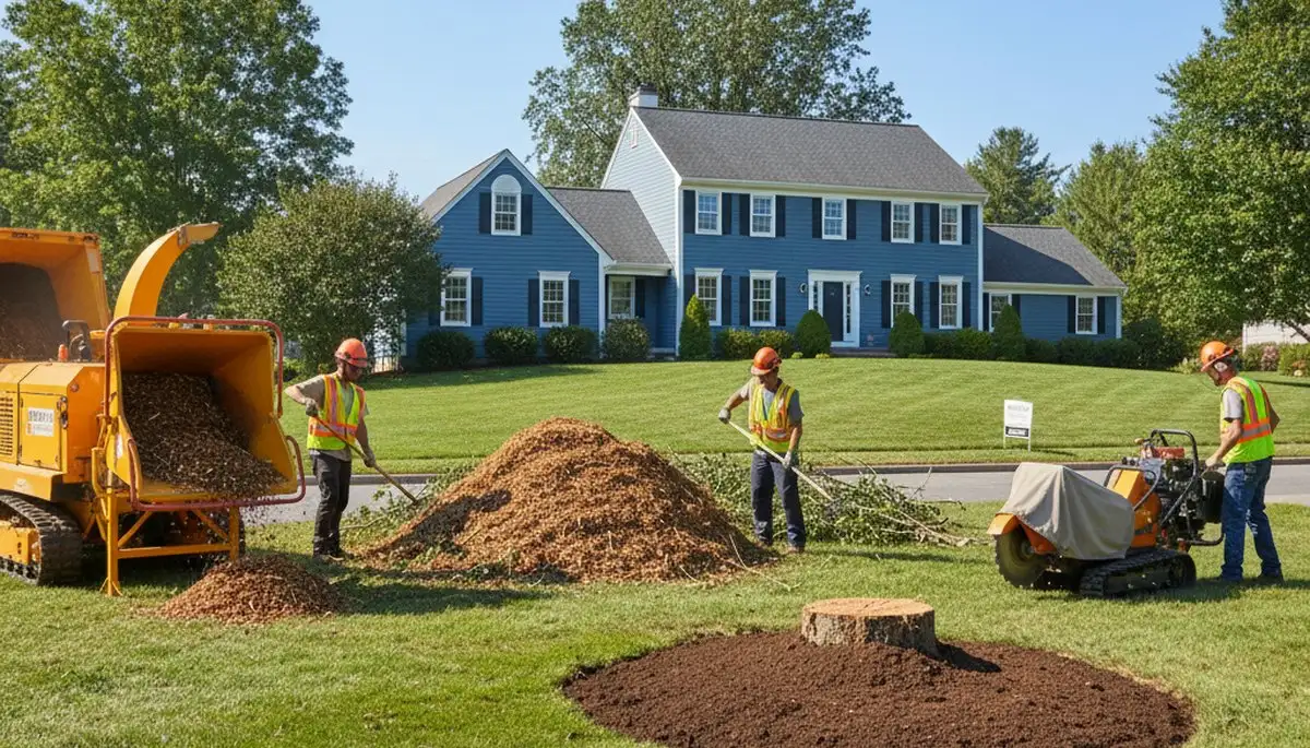 Completed tree removal and yard cleanup at Worcester MA home with stump grinding and debris cleared