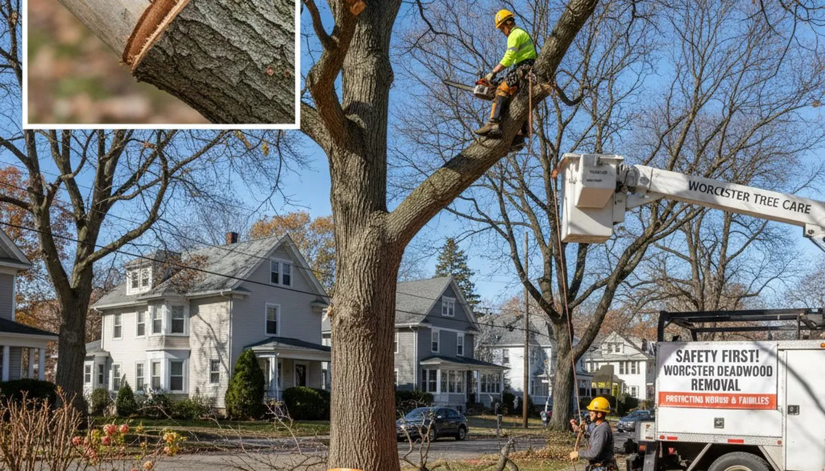 Arborist removing deadwood from mature tree using safety gear in Worcester MA residential yard