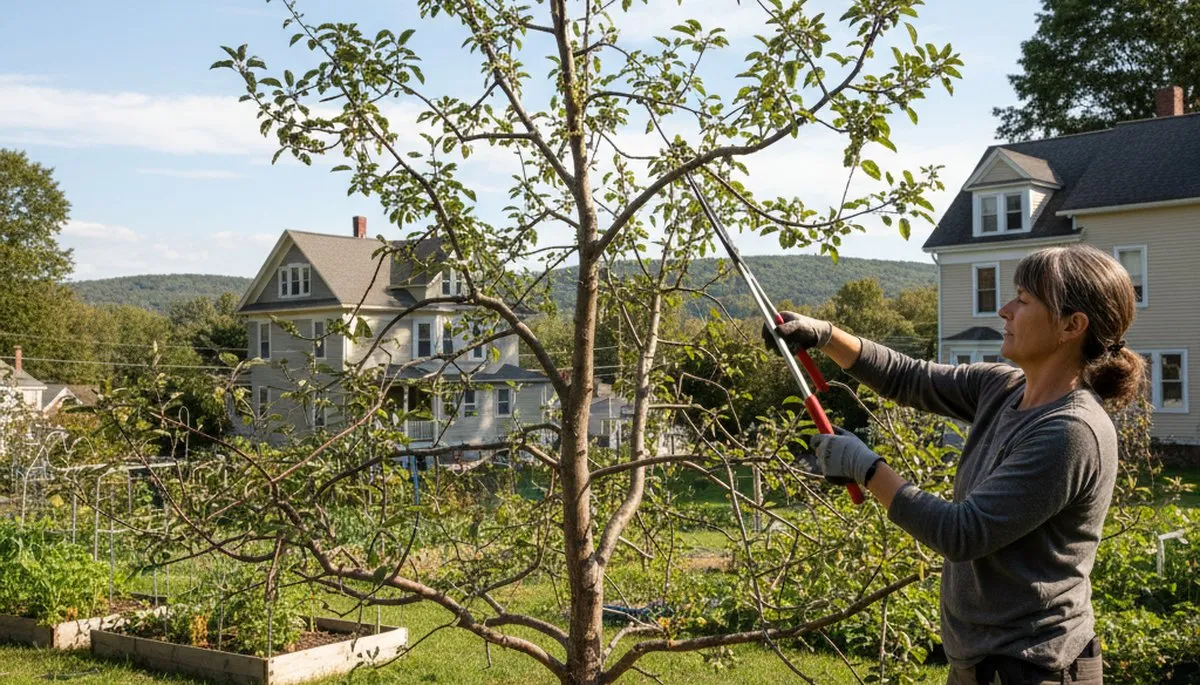 Arborist pruning fruit tree in Worcester MA backyard orchard with professional tree trimming tools