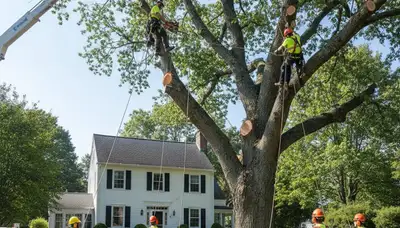 Arborists using bucket truck for large tree removal at a Millbury, MA home near Worcester, Massachusetts