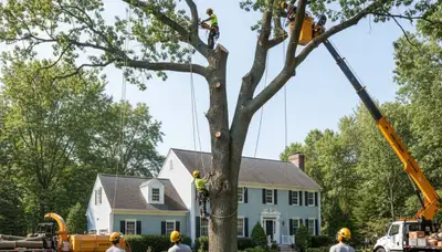 Arborists performing large tree removal with bucket truck in North Grafton, MA near Worcester property