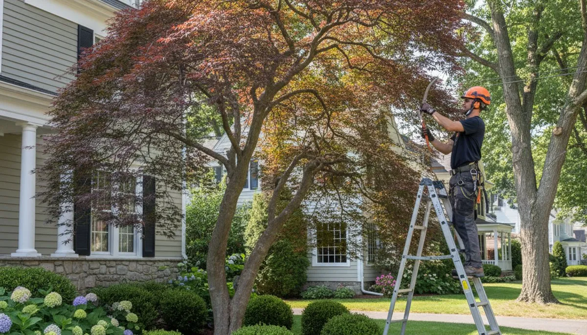 Arborist hand pruning Japanese maple for residential tree care in Worcester MA landscaping