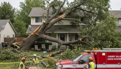 Emergency tree removal crew clearing storm damage in Cherry Valley near Worcester, MA