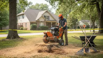 Professional stump grinding service removing tree stumps in Auburn, MA for lawn restoration