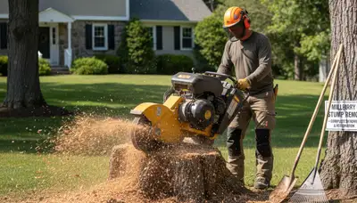 Stump grinding service in Millbury MA removing tree stumps with professional equipment for Worcester lawns