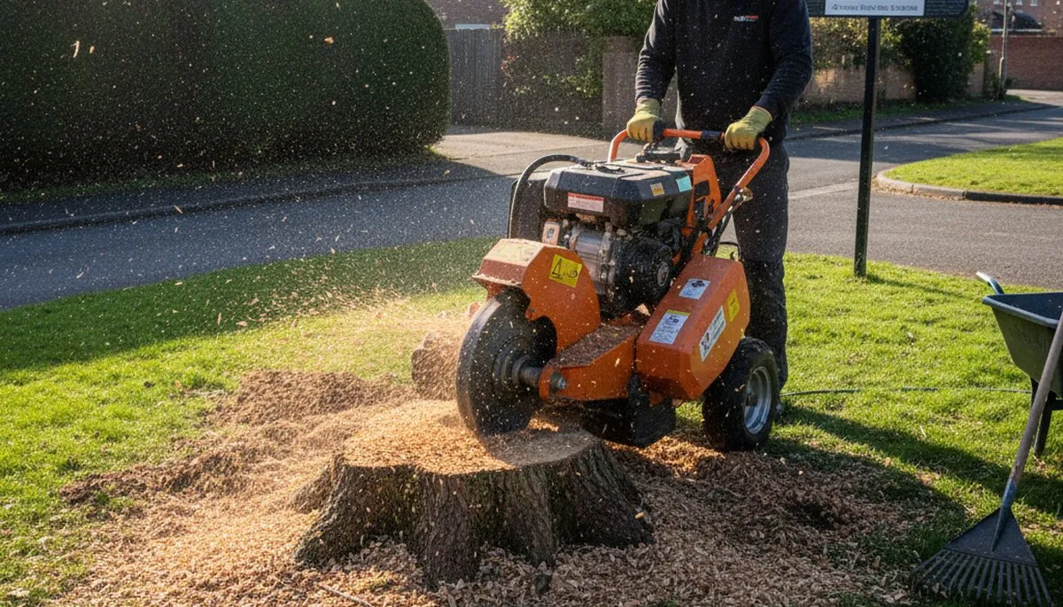 Stump grinding service in Rochdale, MA using professional equipment for tree removal and lawn restoration