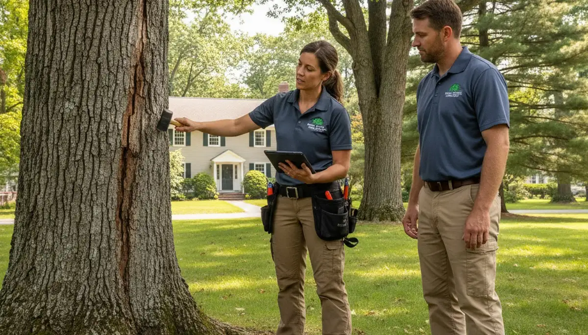 Certified arborist performing tree health assessment in Millbury, MA for Worcester tree removal services