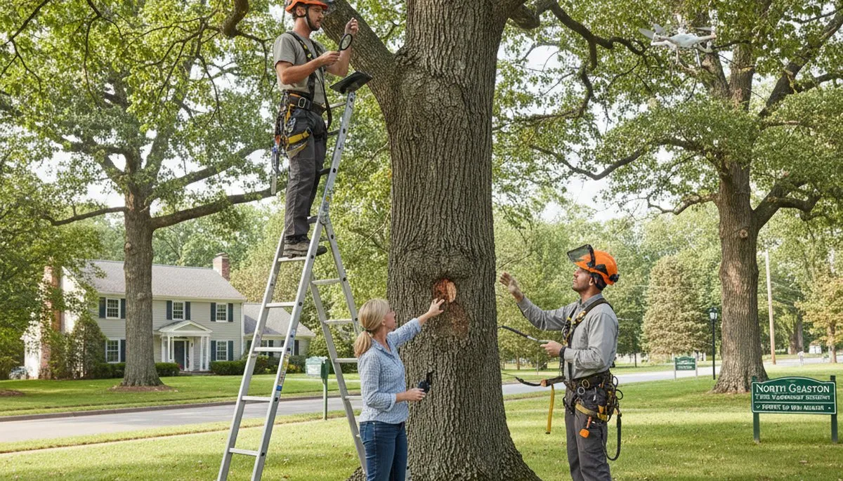 Certified arborist performing tree health assessment for homeowners in North Grafton, MA