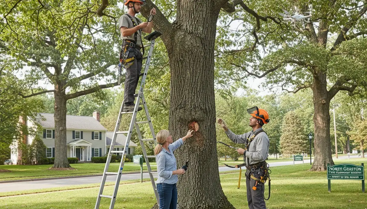 Certified arborist performing tree health assessment for homeowners in North Grafton, MA