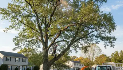 Professional tree removal service in Worcester MA safely cutting down large backyard oak tree