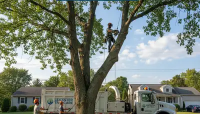 Professional tree removal service in Worcester MA safely cutting and clearing large oak tree