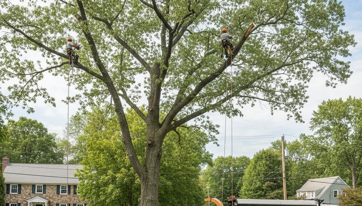 Professional tree removal service in Worcester MA safely cutting and clearing large oak tree