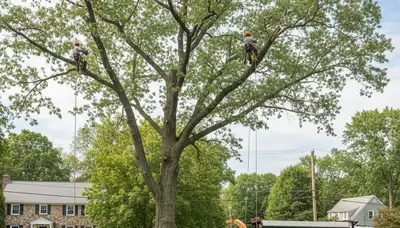 Professional tree removal service in Worcester MA safely cutting and clearing large oak tree
