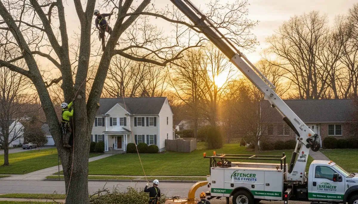 Professional tree removal service in Worcester MA safely cutting large oak tree branches